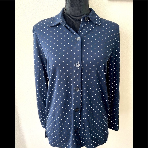Liz Claiborne petite navy blue button down blouse with white dots - Picture 1 of 8